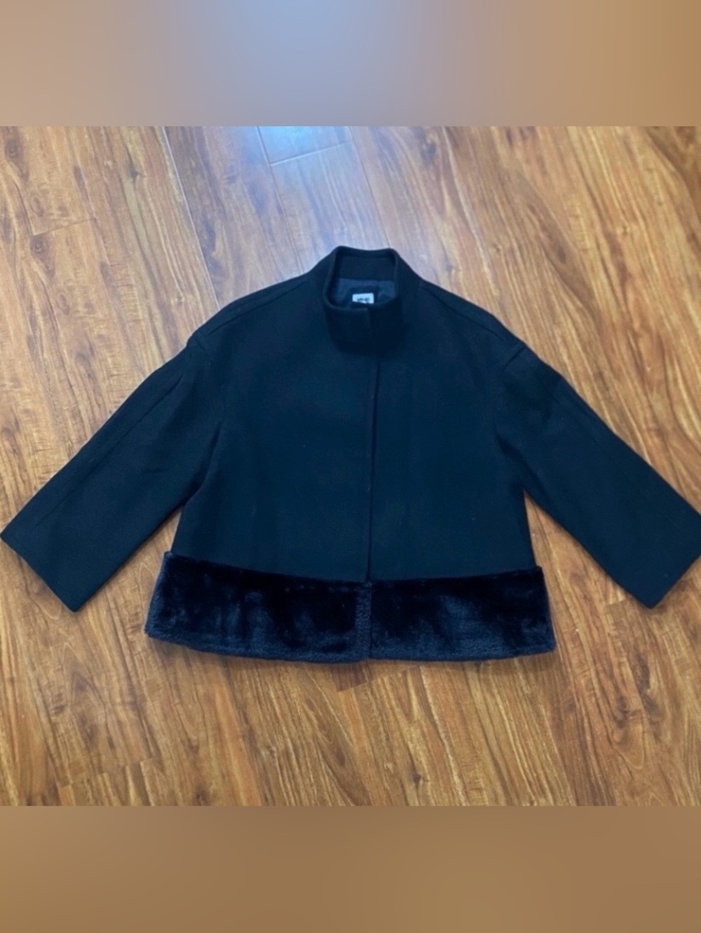 Anne Klein Womens Black Faux Fur Trin Boxy Jacket Size 8 Classic Preppy Academia